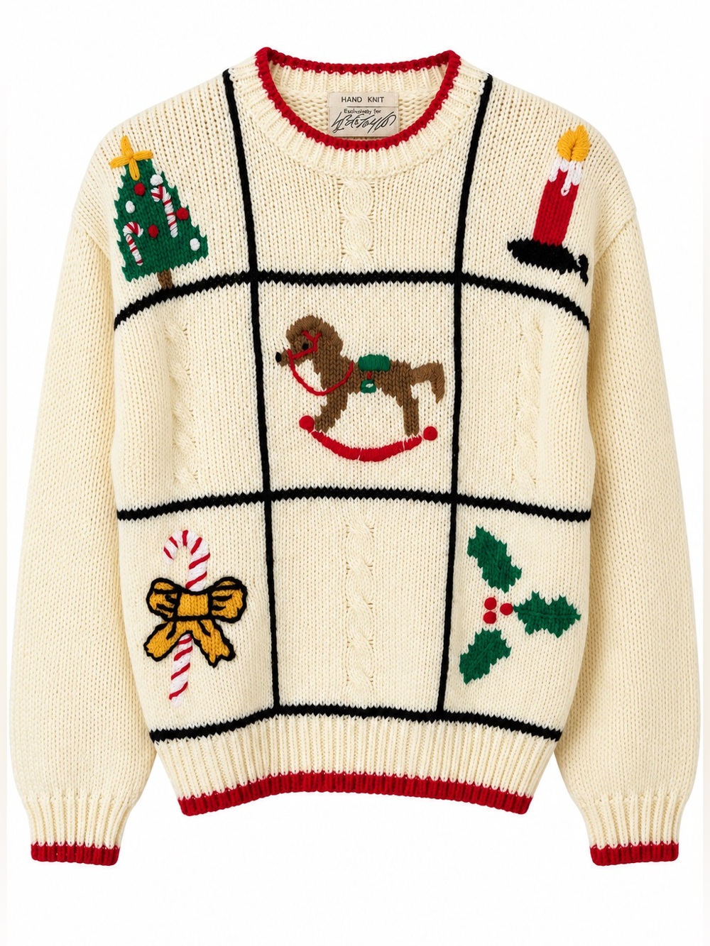 Vintage Lord & Taylor Hand Knit Novelty Christmas Sweater Rocking Horse